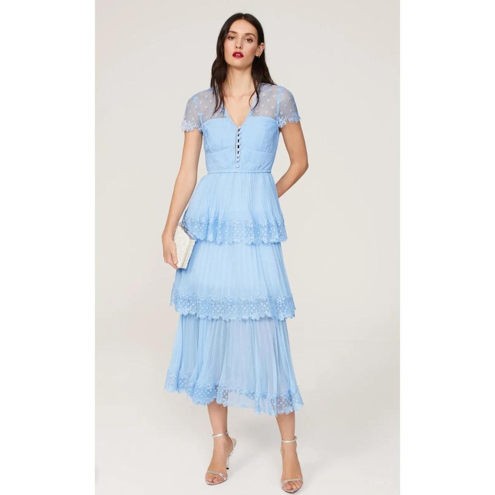 Self Portrait light blue lace midi dress with tiered skirt and lace trim